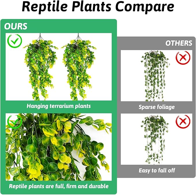 Hamiledyi Reptile Plants Hanging Terrarium Plants Artificial Leaves Habitat Decorations with Suction Cup Green and Yellow Fake Amphibian Plants for Bearded Dragon Lizard Geckos Chameleon(2 Pack) Hamiledyi