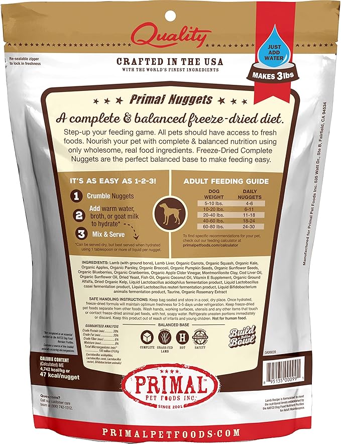 Primal Freeze Dried Raw Dog Food Nuggets, Lamb, Complete & Balanced Meal, Also Use as Topper or Treat, Premium, Healthy, Grain Free, High Protein Raw Dog Food, 14 oz PrimalPetFoods