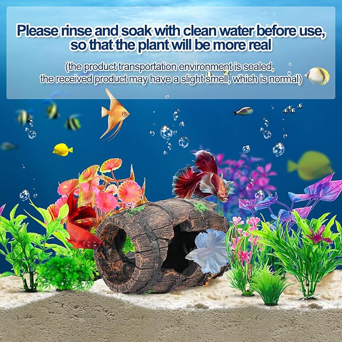 CousDUoBe Fish Broken Barrel Decor Fish Tank Decorations Betta Fish Tank Accessories,Starfish Barrel x 1pc, Fish Tank Plants x 8pcs CousDUoBeAquariumfishtankdecoration