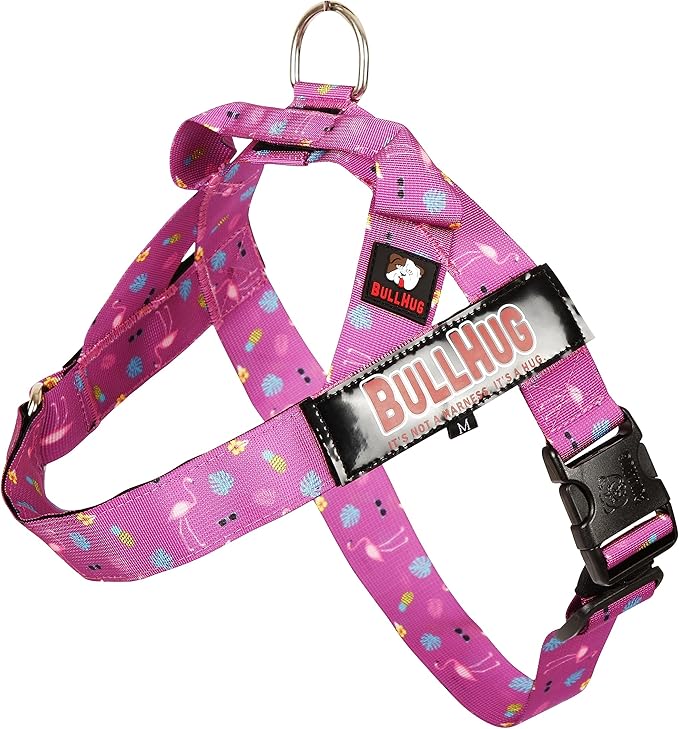 BULLHUG Harness – Made for Larger Chested Dogs Like English Bulldogs, French Bulldogs, Pugs & More. Stops Dogs from Pulling & Choking on Walks (Flamingos, Medium) BULLHUG