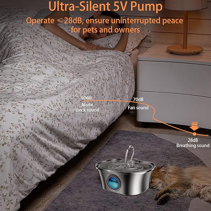 Stainless Steel Cat Water Fountain, 108oz/3.2L Cat Water Fountain with Filter, Automatic Cat Water Fountain with Ultra-Silent Pump, Water Level Window, Cat Feeding & Watering Supplies - PAWPICO