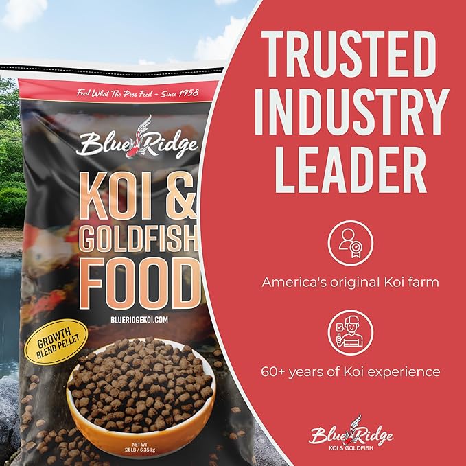 Blue Ridge Koi Fish Food 25lb - Koi Food 3/16” Large and Mini Blend Growth Formula, Goldfish Food, Premium Fish Food for Ponds, Ponds Fish Food, Floating Pond Pellets BlueRidgeFishHatchery