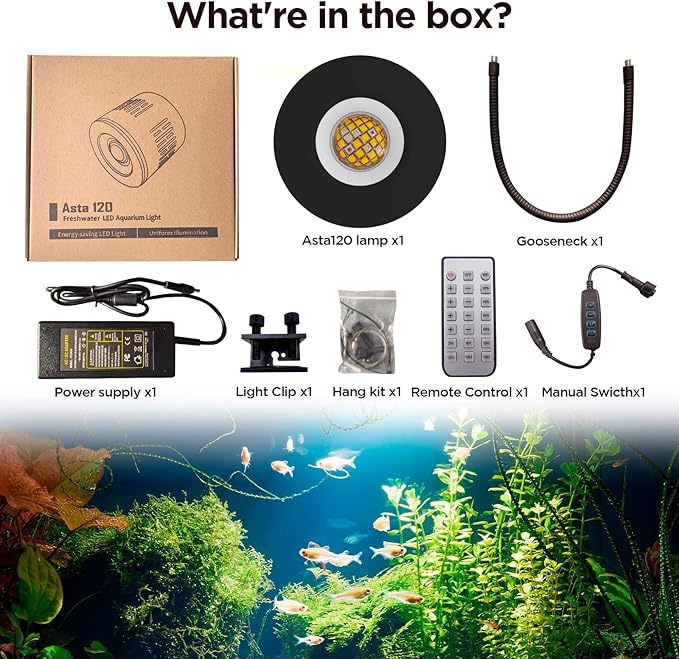 Lominie LED Aquarium Light, Dimmer Remote Control 0-100% Brightness 80W Planted Fish Tank Light Clamp Clip Lamp for Freshwater Refugium Algae Fish Tank with Gooseneck Lominie