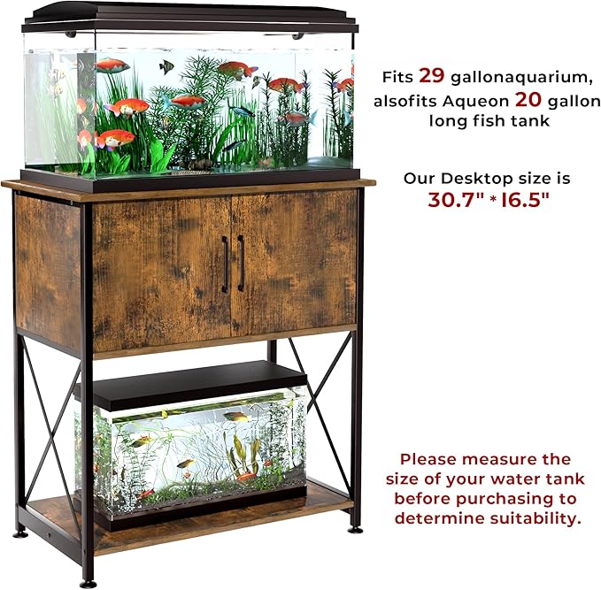 20-29 Gallon Aquarium Stand Metal Frame Fish Tank Stand with Cabinet Storage, for 20 Gallon Long Aquarium,30.7" L*16.5" W Tabletop,330LBS Capacity Rustic Brown and Black PG01YGN Herture