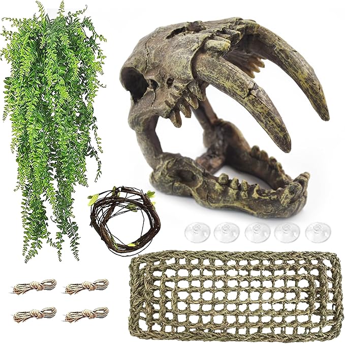 Resin Skull Habitat Hideout Cave Decor Reptile Hammock Lizard Lounger Bearded Dragon Tank Accessories Reptiles Hanging Vine Bendable Jungle Climbing Plant Terrarium Decoration(4PCS) MUYG