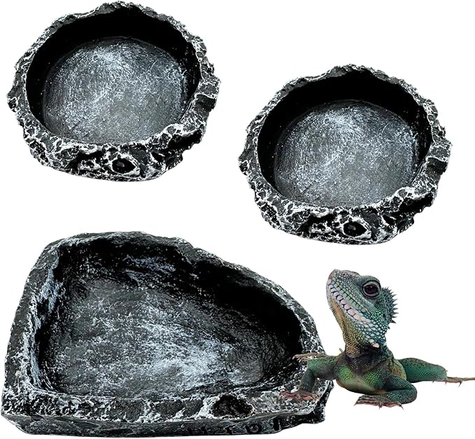 3 Pack Reptile Water Dish Food Bowl, Reptile Feeding Terrarium Bowls for Bearded Dragon Lizard Frog Gecko Tortoise Hermit Crab Snail (Black) CATDABIR