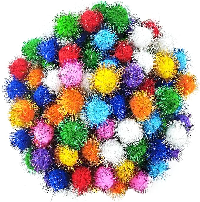 1.8 Inch Assorted Color Flash Ball Cat's Favorite Toy Ball Tinsel Pom Poms Flash for Kittens Exercise and Multiple Cats Play and Chase, 100Pcs - PAWPICO