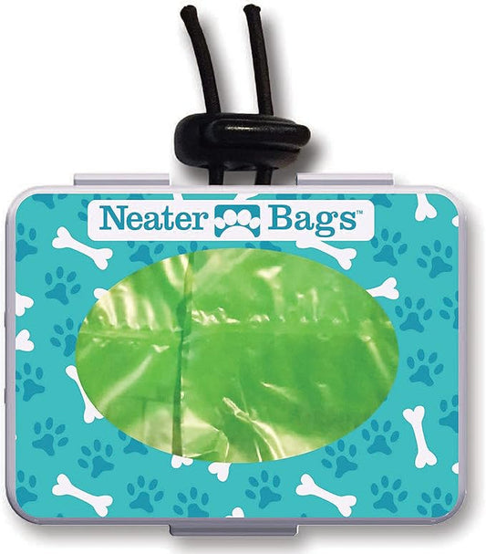 Neater Pets Neater Bags - Dog Waste Poop Bags - Dispense One at a Time Like Tissues - No Rolls to Fuss With - Easy-Tie Handles - Dispenser Attaches to any Leash (210 Bags, Blue Bone & Paw Print) - PAWPICO