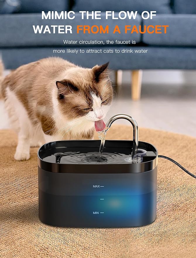 Cat Water Fountain, 84OZ/2.5L Cat Fountain, Super Silent Pet Water Fountain, Activated Carbon Filter, Translucent Pet Water Dispenser Suitable for Multiple Pets Family (Black+4Filters+4Sponges) - PAWPICO