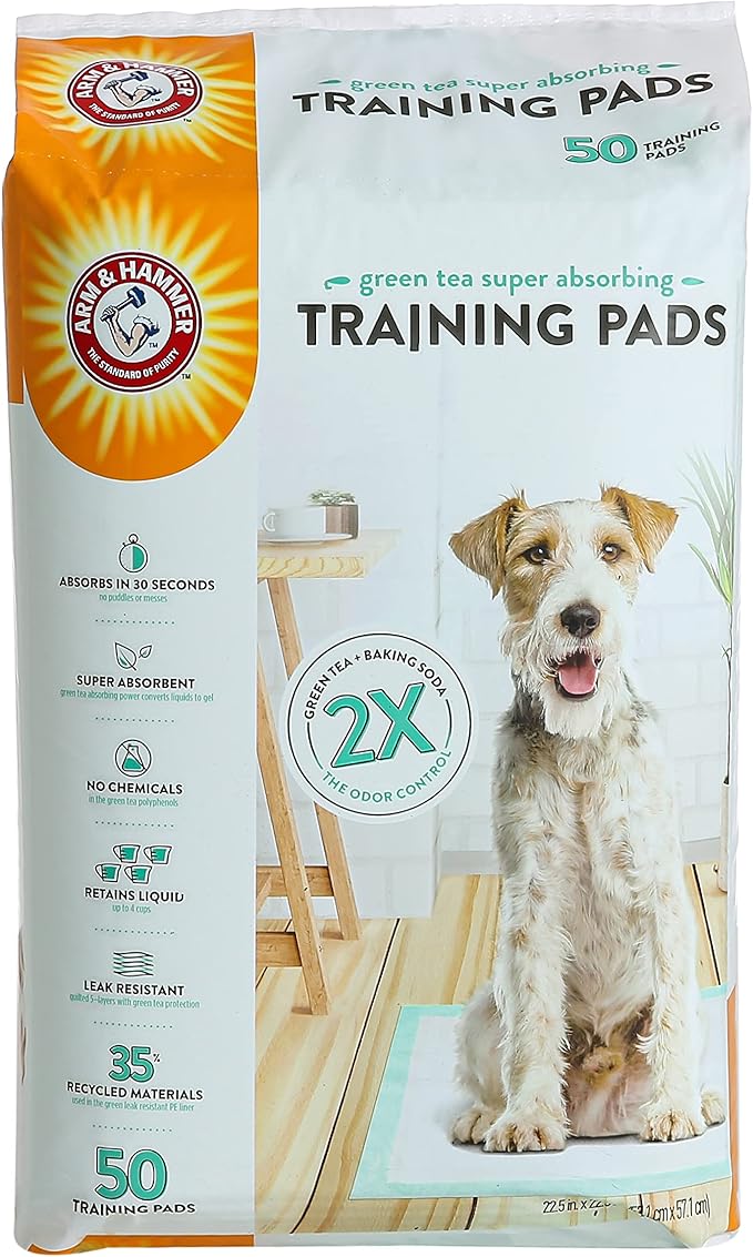 Arm & Hammer Green Tea Pet Training Pads | 50-Ct Dog Training Pads with Super Absorbing Green Tea Baking Soda for 2X The Odor Control | Leakproof & Recycled Training Pads for Dogs,White - PAWPICO