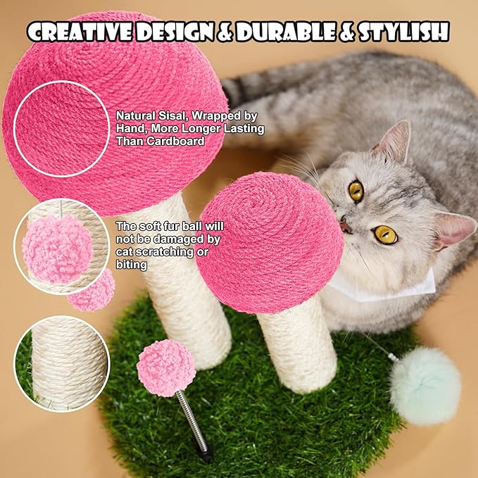 Odoland Cat Scratching Post Mushroom Natural Durable Sisal Board Scratcher for Kitty’s Health and Good Behavior, Furniture Scratch Deterrent Accessories for Cats Pink - PAWPICO