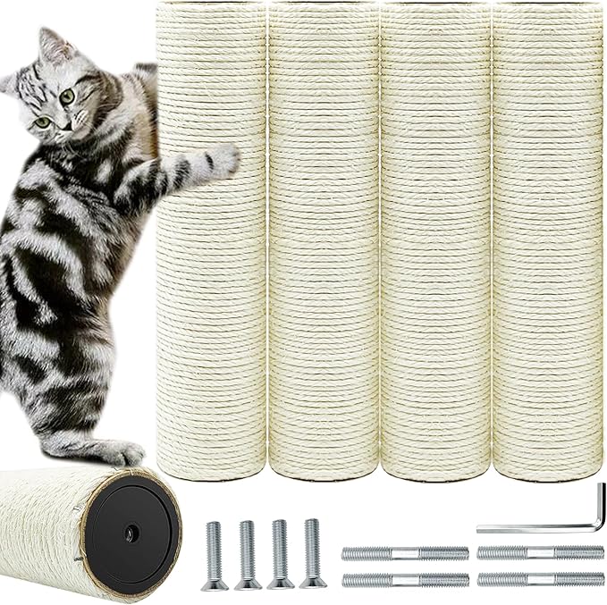 Cat Scratching Post Replacement Pole,4 PCS 11.81in Cat Tree Replacement Post,Natural Sisal Cat Tree Replacement Parts with M8 Screws,Cat Scratch Post Replacement for Refurbishment - PAWPICO