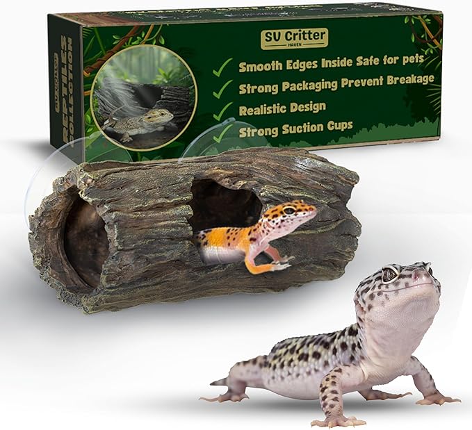 Crested Gecko Hide - Essential Crested Gecko Accessories for Tank - Reptile Hide Cave with Suction Cups - Unbreakable Realistic Tree Trunk Design - Safe Resin for Geckos, Lizards, Snakes PAWPICO