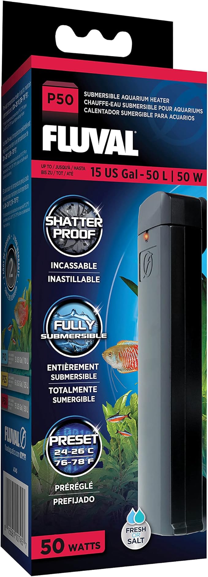 Fluval P50 Submersible Aquarium Heater for Up to 15 Gallons, 50 Watts Fluval