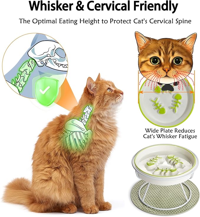 Raised Cat Dog Slow Feeder Bowl with Stand,Elevated Cat Food Bowl Shallow Design,Slow Down Eating Speed of Pets,No Whisker Fatigue Ceramic Cat Puzzy Feeder, Against Bloat,Indigestion, Easy to Clean - PAWPICO