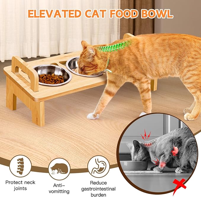 Elevated Cat Food Bowl, 3 Stainless Steel Raised Cat Bowls with Stand, 15°Tilted Cat Bowl for Indoor Cats, Cat Food and Water Bowl Set, Anti Vomitting, Whisker Fatigue and Dishwasher Safe - Natural - PAWPICO