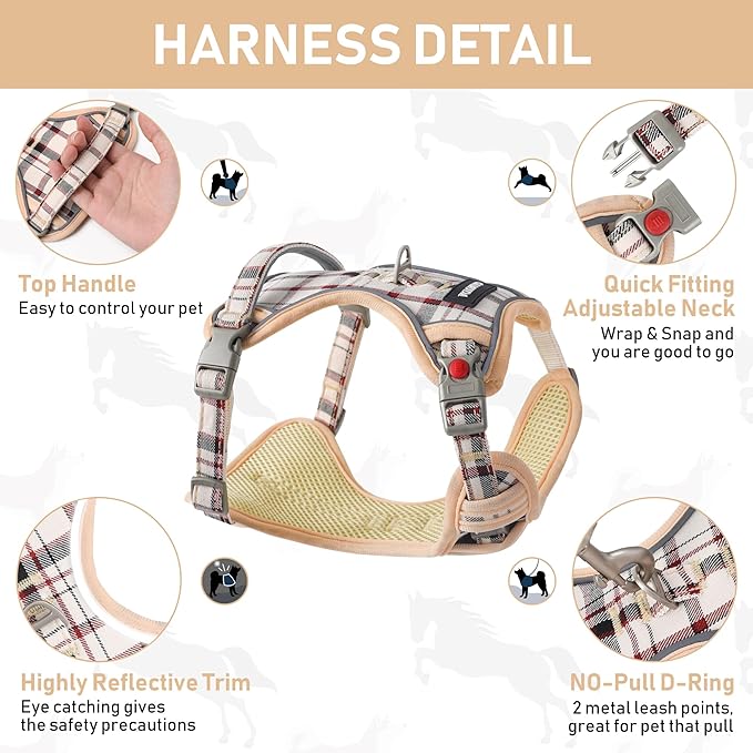 GAMUDA Dog Harness Collar and Leash Set, Dog Harness, No Chock No Pull Adjustable Vest Harnesses Plaid Reflective for Medium Dog, Cat, Small Horse, Small Bull and Pig (Beige, S) GAMUDACollarsCollection