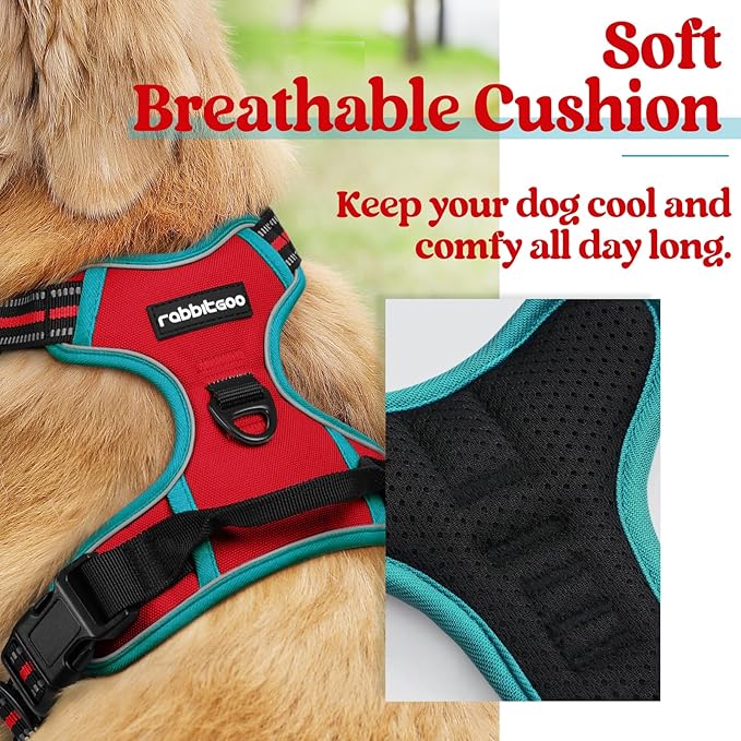 rabbitgoo Dog Harness, No-Pull Pet Harness with 2 Leash Clips, Adjustable Soft Padded Dog Vest, Reflective No-Choke Pet Oxford Vest with Easy Control Handle for Large Dogs, Red & Teal, M - PAWPICO