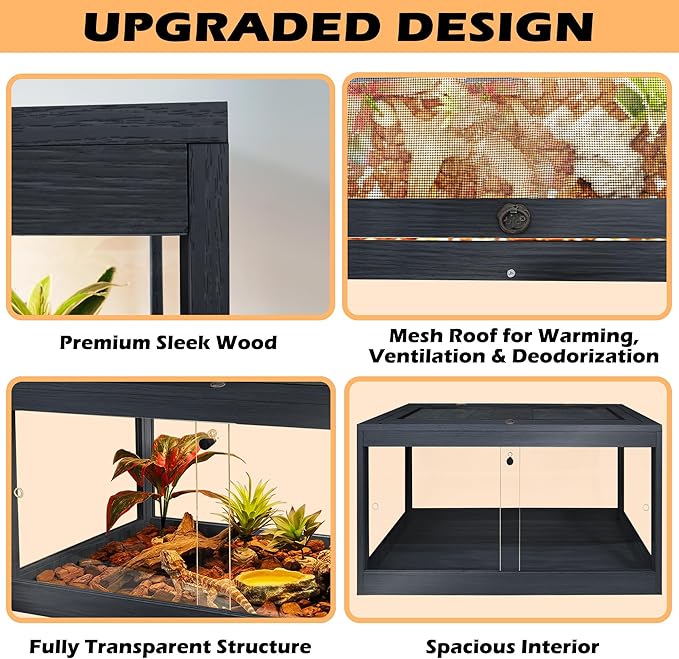 Bearded Dragon Tank 28 Gallon, Lizard Tank, Reptile Tank with Metal Mesh Roof Door, Snake Tank with Lock Design, 24" Long, Black PROLEE
