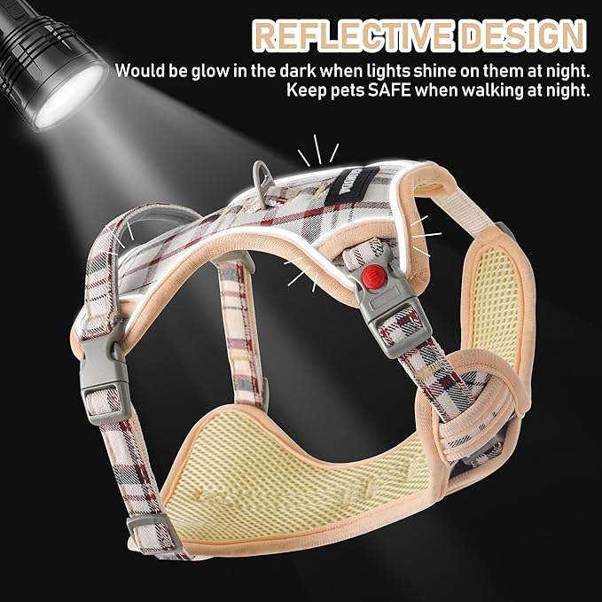 GAMUDA Dog Harness Collar and Leash Set, Dog Harness, No Chock No Pull Adjustable Vest Harnesses Plaid Reflective for Medium Dog, Cat, Small Horse, Small Bull and Pig (Beige, S) GAMUDACollarsCollection