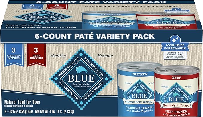 Blue Buffalo Homestyle Recipe Adult Wet Dog Food, Made with Natural Ingredients, Chicken and Beef Dinner Variety Pack, 12.5-oz Cans (6 Count, 3 of each) - PAWPICO