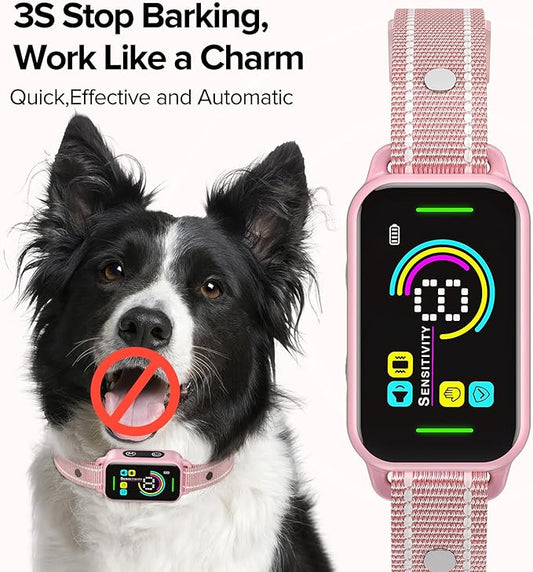 DINJOO Bark Collar, Dog Bark Collar for Large Medium Small Dogs,Smart Bark Collar,Rechargeable Anti Barking Training Collar with 8 Adjustable Sensitivity,Bark Collar with Beep (Pink) DINJOO