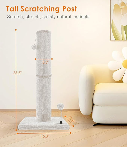 Carpet Craft Cat Scratching Post Heavy Duty for Indoor Large Cats and Adult Cats,Tall and Thicked Cat Scratch Post,Carpet Cat Tree Tower Scratcher with Interactivity Balls,Beige - PAWPICO