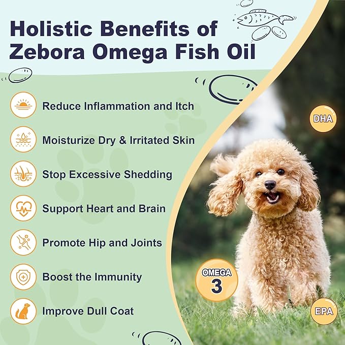 Omega 3 Fish Oil for Dogs, Dog Fish Oil Powder, Wild Caught Fish Oil, EPA&DHA, Krill Oil, Kelp, Dog Skin and Coat Supplement, Anti Itch & Shedding, Support Dry Skin, Joint Health, Dog Allergy Relief ZEBORA