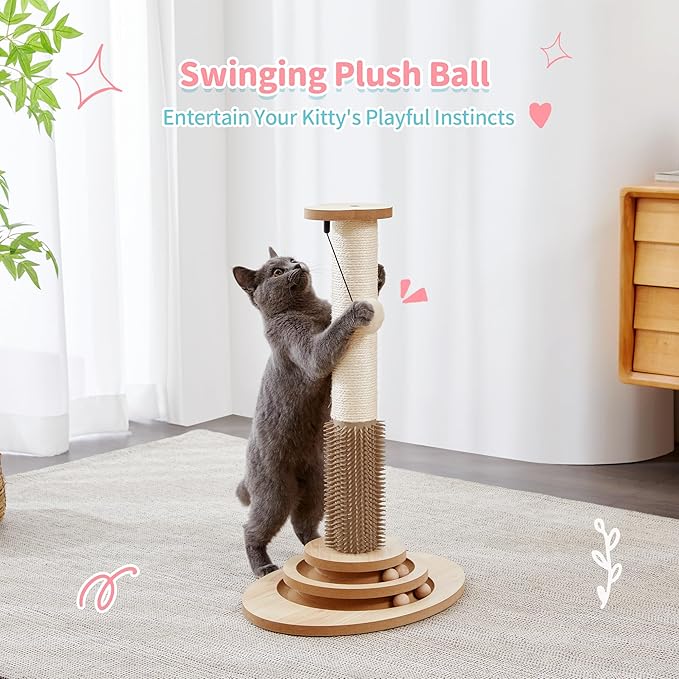 Made4Pets Cat Scratching Post, 23" Tall Sisal Cat Scratcher Post with Cat Self Groomer, 4-in-1 Interactive Trackball Toys with Cat Hair Brush, Vertical Cat Climbing Tree with Dangling Plush Balls - PAWPICO