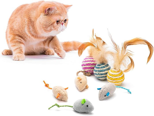 Cat Toy Feather Sisal Ball 4 Count,Mouse Catnip Cat Toys 6 Count- Handmade Cat Toys with Feathers, Scratch & Bite Resistant Sisal Balls for Cats (Random Color) - PAWPICO