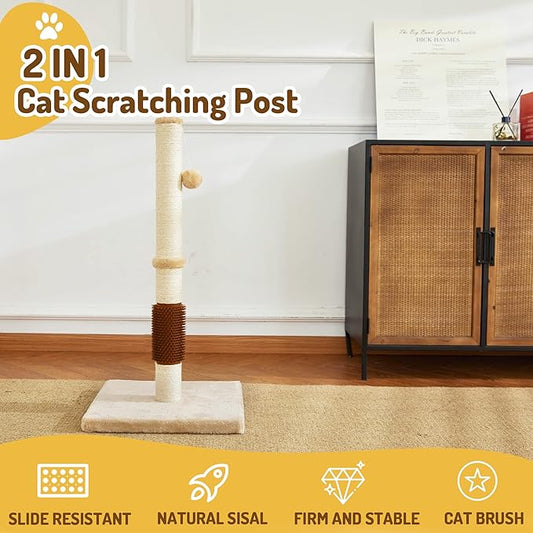 MeowHomm 32" Cat Scratching Post with Self Groomer Cat Brush, Sisal Rope Tall Cat Scratching Post with Soft Hanging Ball for Indoor Cats, Cat Claw Scratcher Covered with Soft Smooth Plush - PAWPICO