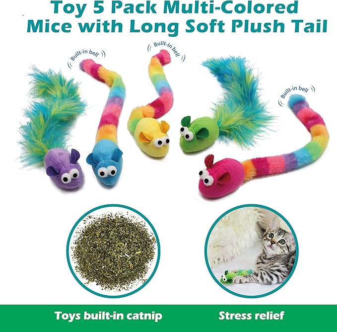 5 Pack Interactive Catnip and Feather Cat Toys, Multi-Colored Mice with Long Feather Tail, Accessories for Indoor Cat, Catnip Plush Toys with Natural Feathers and Rattles - PAWPICO