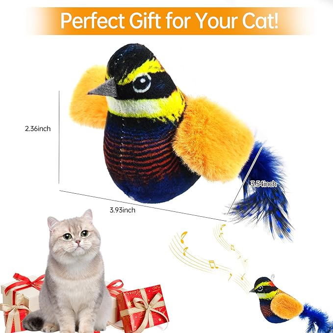 Chirping Bird Cat Toys Hanging Cat Feather Toy - Catnip Interactive Cat Toys for Indoor Cats - Automatic Cat Toy for Cat Exercise & Kicker to Self Play (Chroma) - PAWPICO