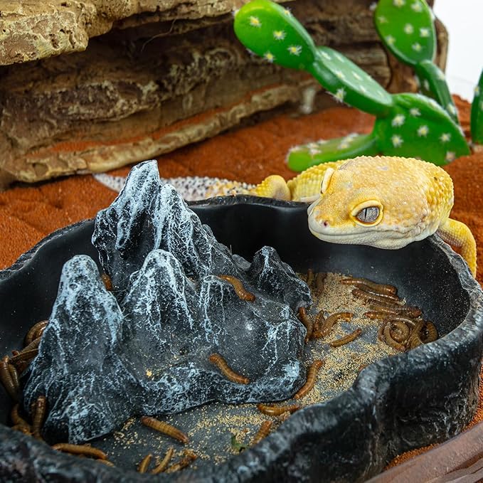 2 Pack Large Reptile Food Bowl and Water Bowl Set, Drowning Prevention Reptile Water Dish and Reptile Food Dish with Simulated Rockery, Reptile Feeder Terrarium Decoration Bowls REPTIZOO