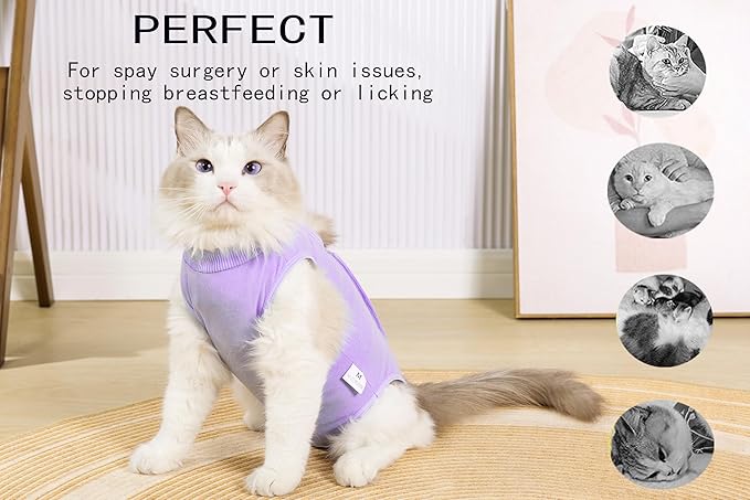 Cat Recovery Suit Female Kitten Cat Onesie for Cats After Surgery Female Spay Surgical Abdominal Wound Skin Diseases Cone Collar Soft Alternative Wear (Purple, S) Acoutpet
