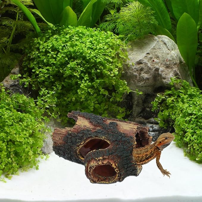 3Pcs Reptile Hide Cave Small Lizard Reptile Food&Water Bearded Dragon Bowls Accessories,Natural Resin Hollow Tree Trunk Hideout,Hermit Crab Supplies Trunk Snake Gecko Frogs Fish Tanks Decor Dexspoeny