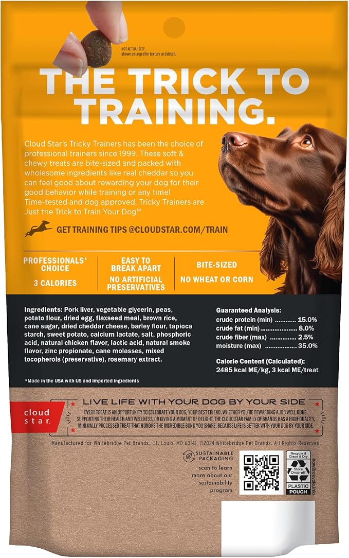 Cloud Star Tricky Trainers Soft & Chewy Dog Training Treats 5 oz Pouch, Cheddar Flavor, Low Calorie Behavior Aid with 130 treats - PAWPICO