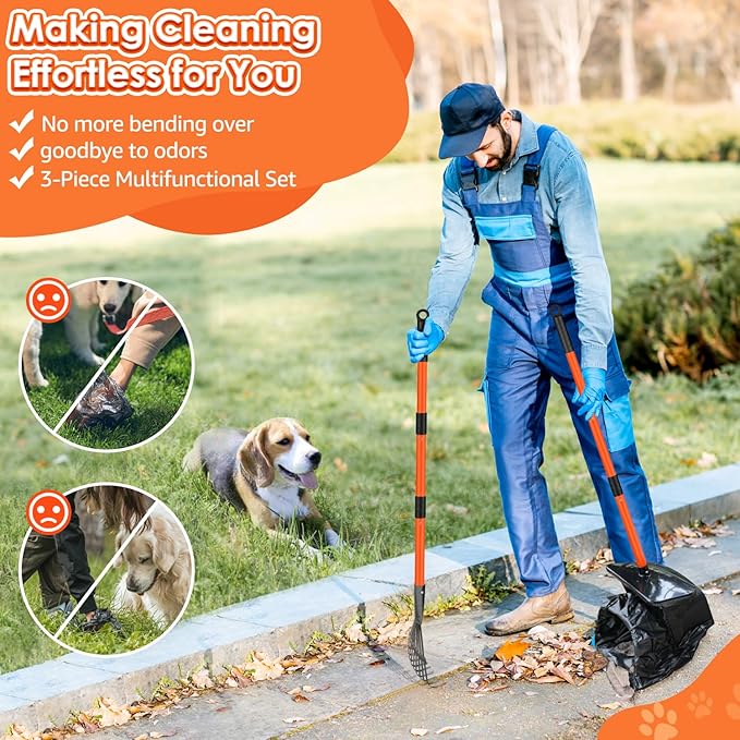 SlowTon Dog Pooper Scooper - 37.4" Long Handle Adjustable Metal Swivel Bin & Rake & Spade Kit with 20 Waste Bags, Portable Pooper Scooper for Gravel Lawn Grass, Suit for Small Medium Large Dog - PAWPICO