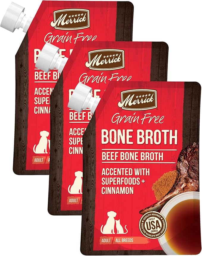 Merrick Grain Free Bone Broth, Premium Human Grade And Gluten Free Dog And Cat Food Topper Pouches, Beef - 16 oz. Pouch (Pack of 3) - PAWPICO