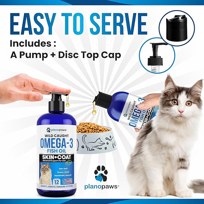 Omega 3 Fish Oil for Cats - Better Than Salmon Oil for Cats - Kitten + Cat Vitamins and Supplements - Cat Health Supplies - Cat Dandruff Treatment - Liquid Fish Oil for Pets - Cat Shedding Products planopaws