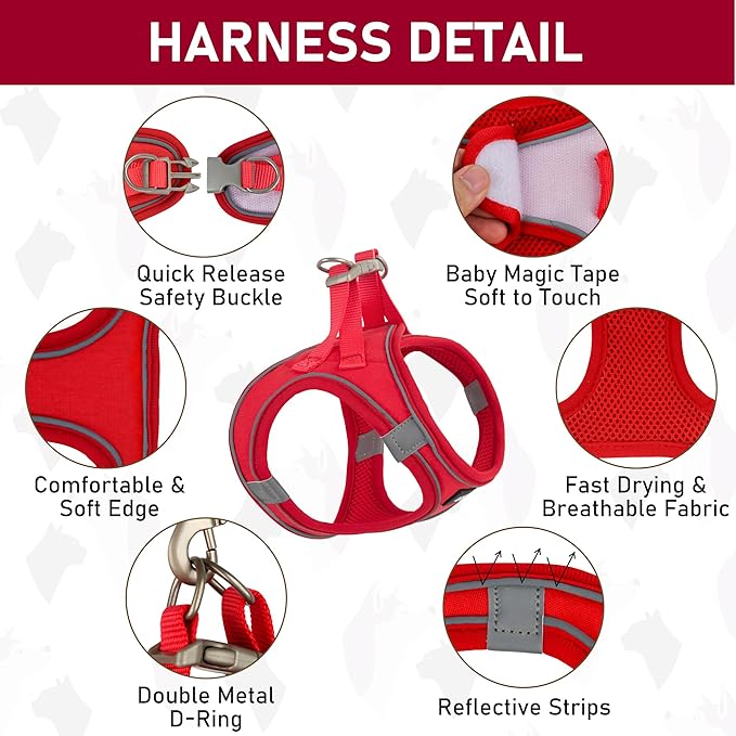 GAMUDA Small Pet Harness Collar and Leash Set, Step in No Chock No Pull Linen Fabric Soft Mesh Dog Vest Harnesses Reflective for Dogs Puppy Cats Kitten Rabbit (Red, XS) GAMUDACollarsCollection
