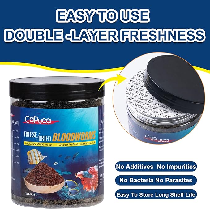 Freeze Dried Blood Worms for Fish 3 OZ - 100% Natural BloodWorms Fish Food for Freshwater Saltwater Tropical Fish Betta Cichlid Goldfish Guppy Capuca
