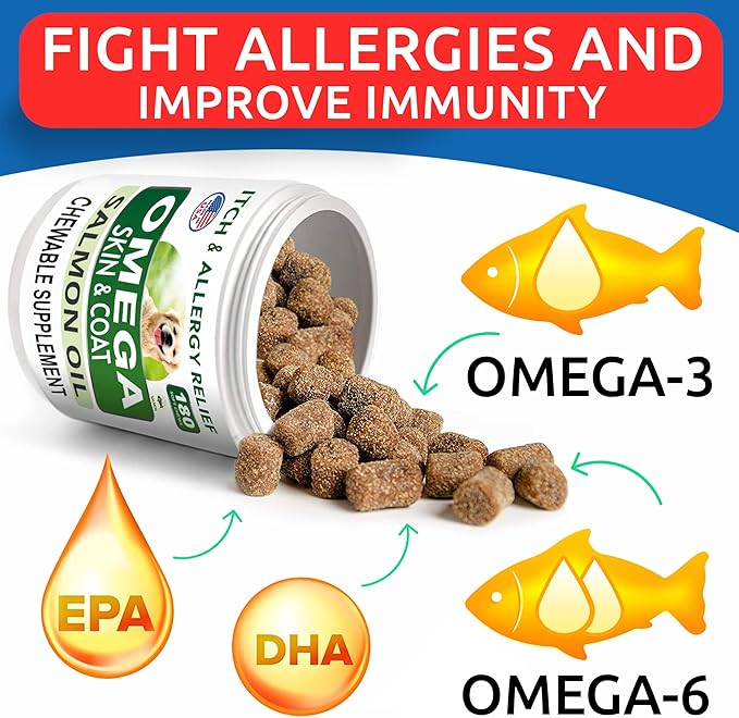 Omega 3 for Dogs and Cats - 180 Fish Oil Treats for Dog Shedding, Skin Allergy, Itch Relief, Hot Spots Treatment - Joint Health - Skin and Coat Supplement - EPA & DHA Fatty Acids - Salmon Oil - Bacon BARKSPARK