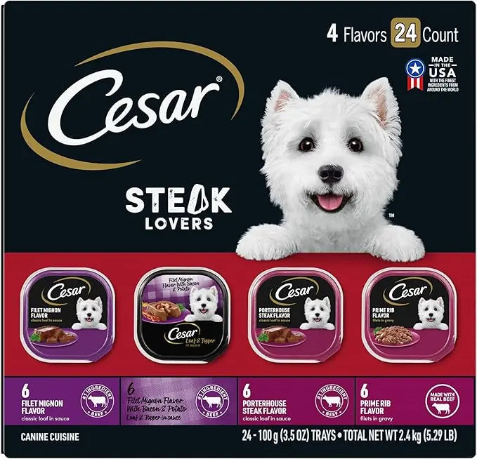 CESAR Adult Soft Wet Dog Food Steak Lovers Variety Pack with Real Meat, (24) 3.5 oz. Trays - PAWPICO
