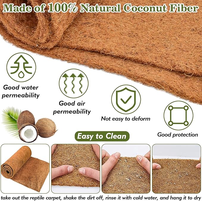 ZeeDix 3 Pieces Coconut Fiber Reptile Substrate Mat, 12 x 20 inches Natural Coco Mat Reptile Carpet Coco Fiber Liner Turtle Bedding Reptile Terrarium Liner for Lizard Snake Turtle Gecko Bearded Dragon ZeeDix