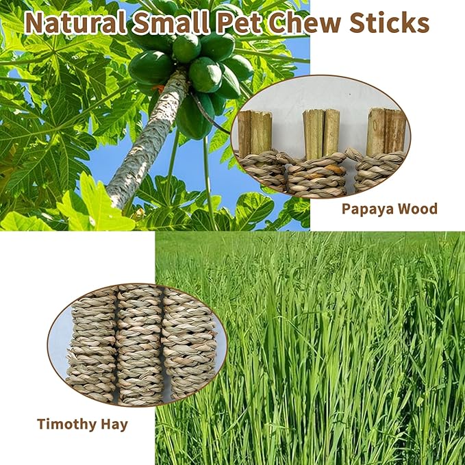 Fhiny 12 PCS Rabbit Chew Sticks, Natural Papaya Wood Seagrass Guinea Pig Chew Toys for Teeth Small Animal Molar Sticks Snacks for Bunny Guinea Pig Chinchilla Ferret Hamster Gerbil Dental Care Fhiny