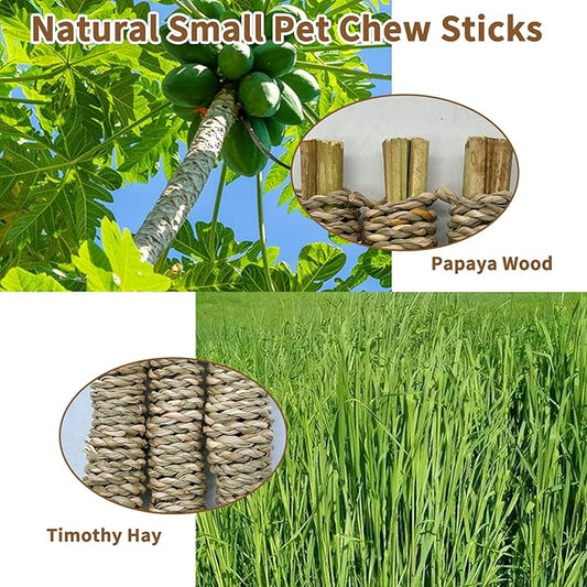 Fhiny 12 PCS Rabbit Chew Sticks, Natural Papaya Wood Seagrass Guinea Pig Chew Toys for Teeth Small Animal Molar Sticks Snacks for Bunny Guinea Pig Chinchilla Ferret Hamster Gerbil Dental Care Fhiny