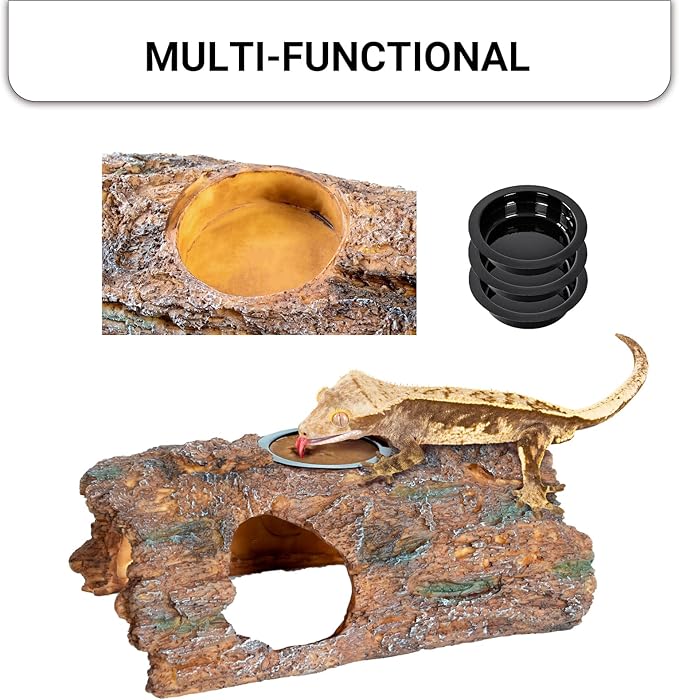 2 in 1 Reptile Hides and Caves with Top Feeder, 9in Resin Hollow Bark Log Hideout, Reptile Basking Platform Hideaway Tank Accessories for Bearded Dragon, Snake, Gecko, Lizard, Tortoise CAVACHEWReptileSupplies