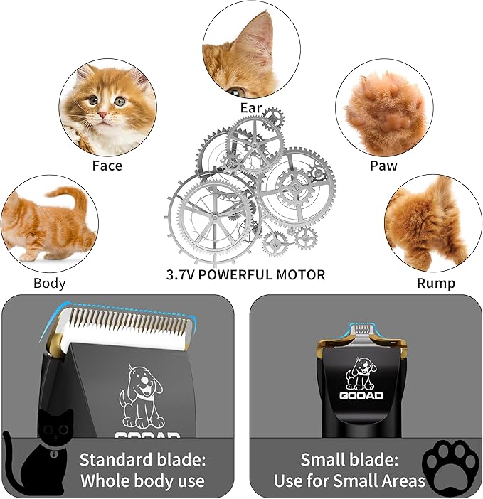 Cat Clippers for Matted Hair, Cat Grooming Kit, Cordless Cat Shaver for Long Hair, Low Noise Paw Trimmer, Cat Hair Trimmer for Grooming,Quiet Pet Hair Clippers Tools for Cats Dogs (Black) - PAWPICO