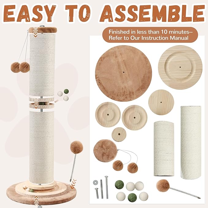 OTOB 32" Tall Cat Scratching Post, 4.3Inch Large Diameter Natural Sisal Rope Scratcher Post for Indoor Large Cats Kittens, 5-in-1 Interactive Turntable Cat Scratch Post (Brown, B-33Inch) - PAWPICO
